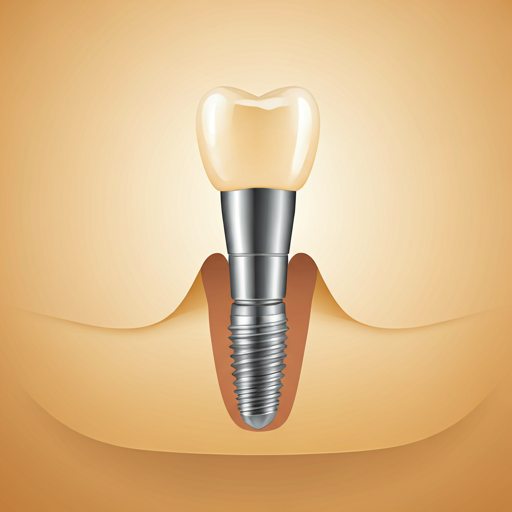 Anatomical illustration of a single dental implant with crown